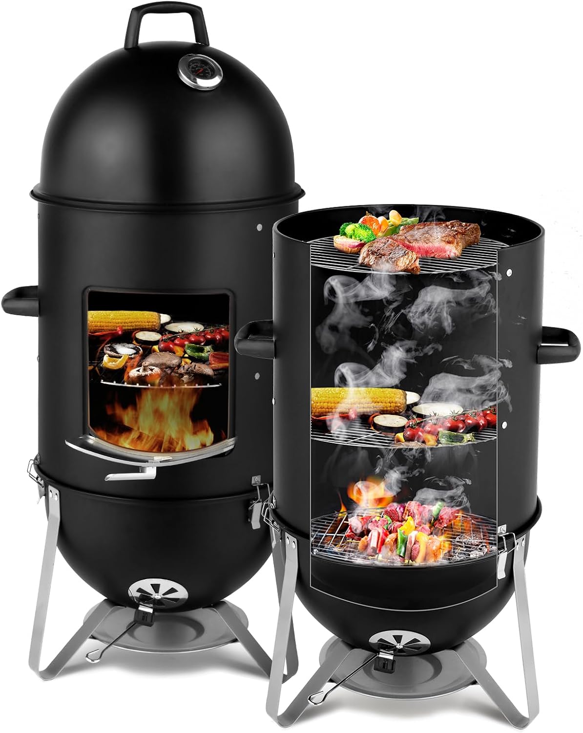 3-in-1 Vertical Charcoal Smoker BBQ Grill 18.8 Inch Outdoor Portable Smoker Grills with Built-in Thermometer, Air Vent Idea for Patio Backyard Barbecue Cooking Camping