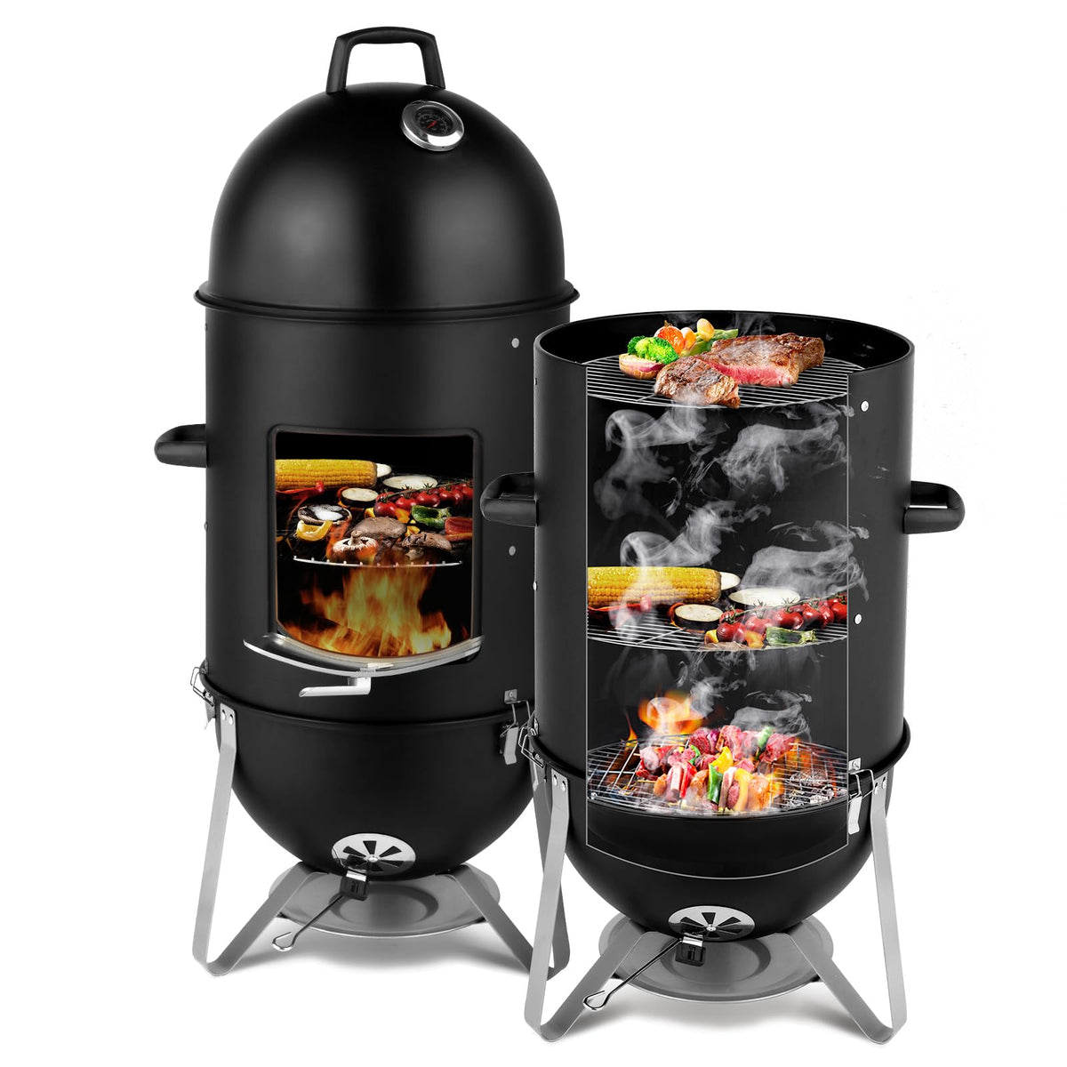 3-in-1 Vertical Charcoal Smoker BBQ Grill 18.8 Inch Outdoor Portable Smoker Grills with Built-in Thermometer, Air Vent Idea for Patio Backyard Barbecue Cooking Camping