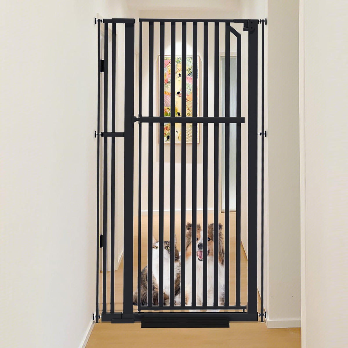 Glaf 74" Extra Tall Cat Gat, 30.31-38.19" Wide Adjustable Cat Door Pressure Mounted Pet Gate with Extra Narrow Gap Auto Close Dog Safety Gate for Doorways, Kitchen,Stairs