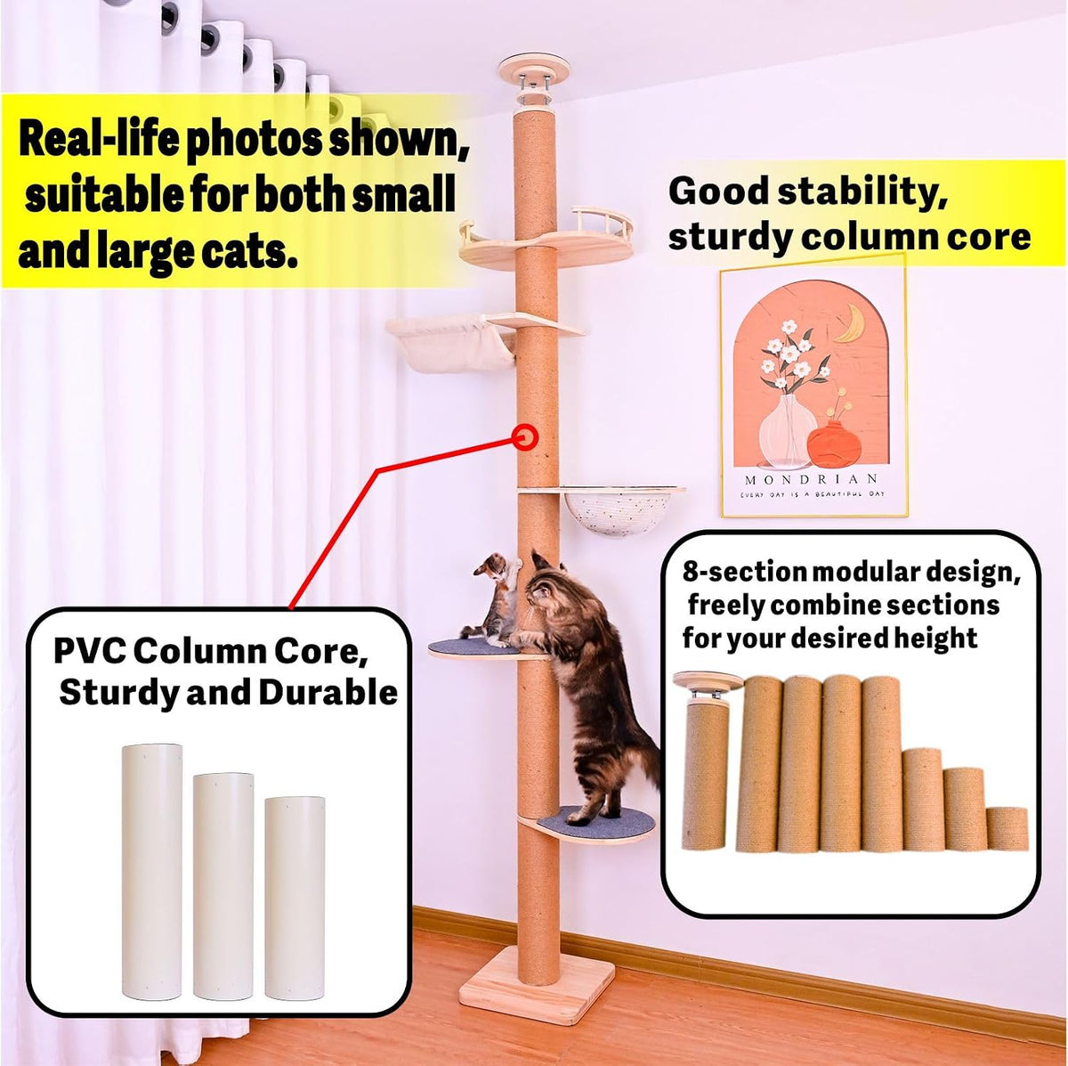 Floor to Ceiling Cat Tree Height (50-120.5in) Adjustable Cat Tower 5 Tier Hemp Scratching Post High Cat Tree Sturdy Activity Tree Indoor Outdoor Cat Scratching Post Activity Center