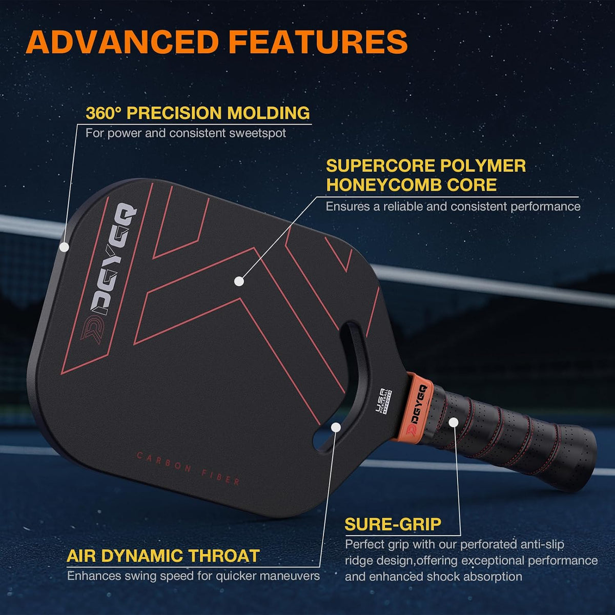 DGYGQ Pickleball Paddles, Edgeless Carbon Fiber Pickleball Paddle with Polypropylene Honeycomb Core, Increased Power for Ultimate Spin & Consistency (Red)