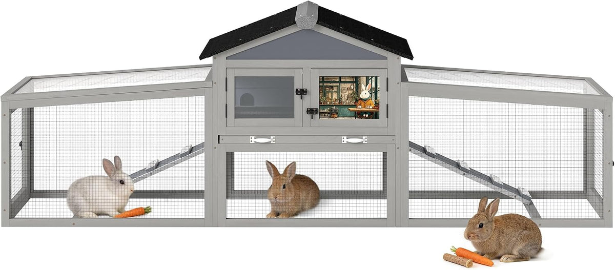 COZIWOW 92in Rabbit Hutch, 2-Tier Bunny Cage with Asphalt Roof & 3 Run Boxe