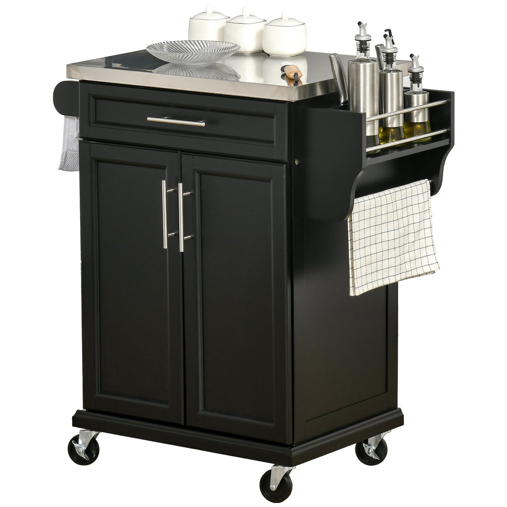 HOMCOM Kitchen Island on Wheels with Stainless Steel Countertop Black
