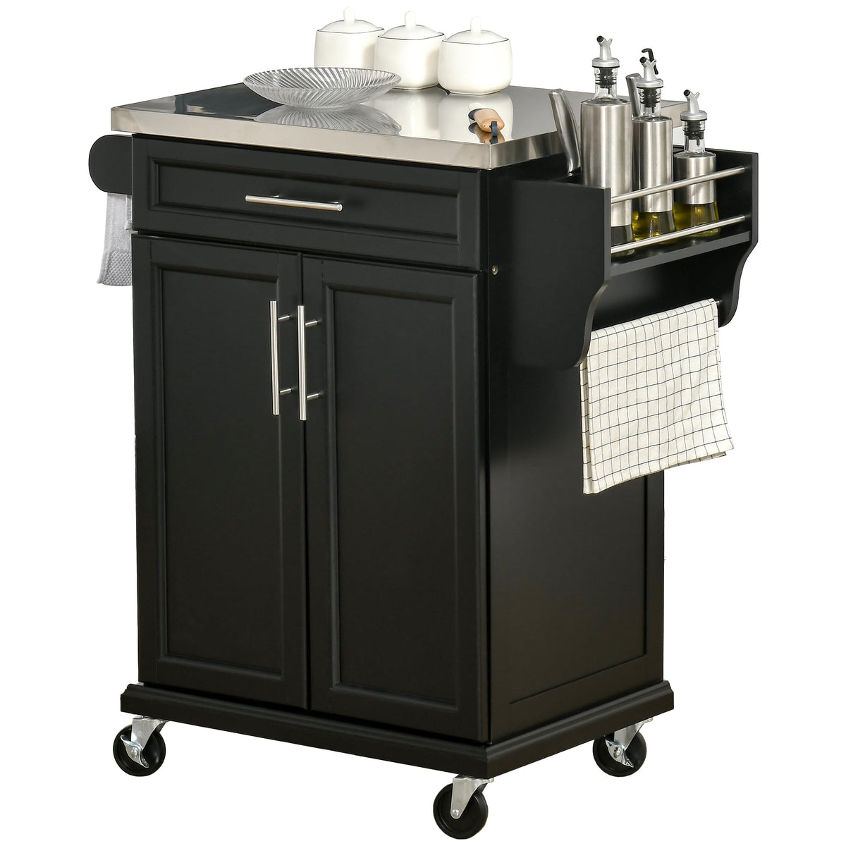 HOMCOM Kitchen Island on Wheels with Stainless Steel Countertop Black