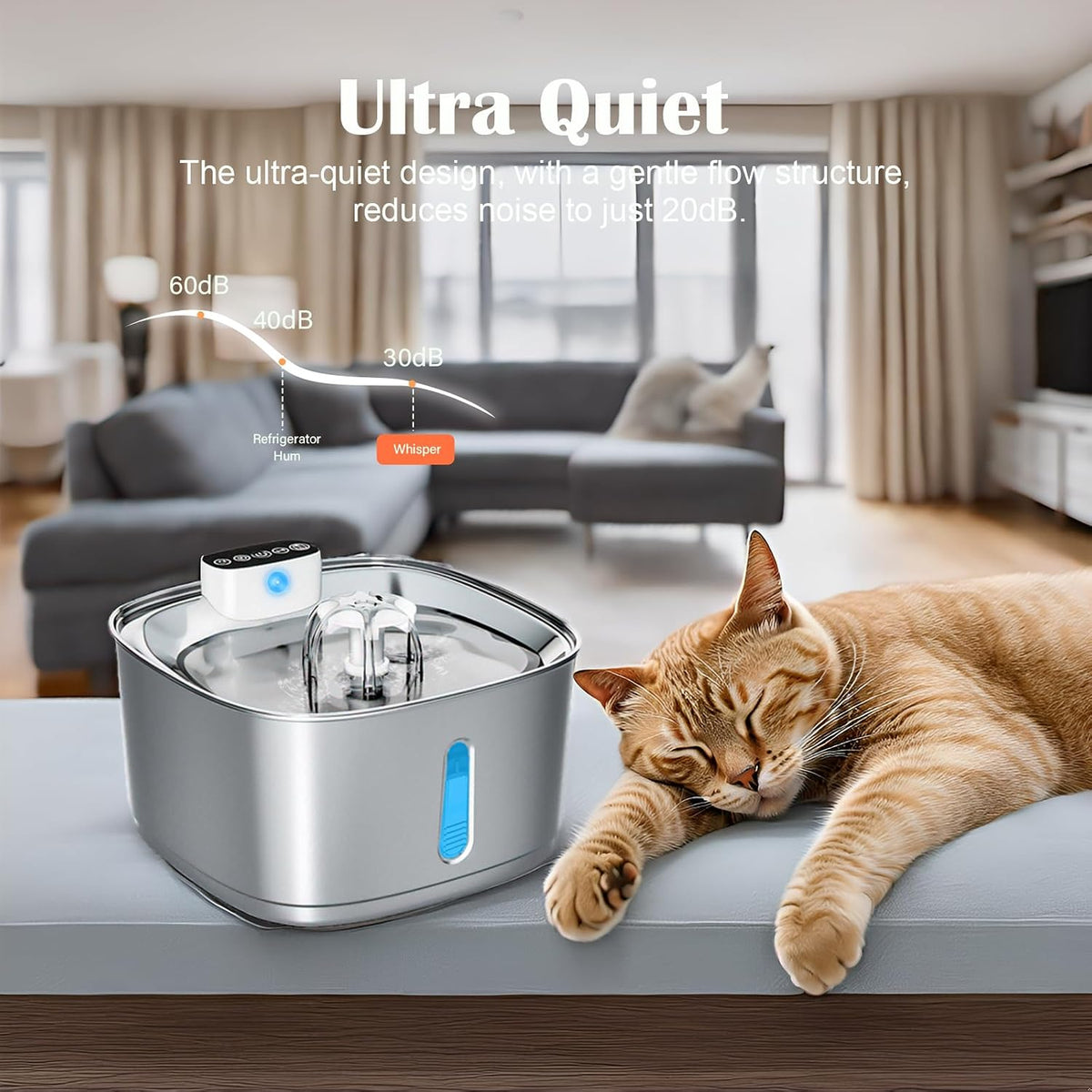 Cordless Cat Water Fountain, 3.2L/108oz Rechargeable Stainless Steel Cat Water Fountain Battery Operated with Replacement Filters, Quiet Pump, Sensor Automatic Dispenser for Cats Indoor