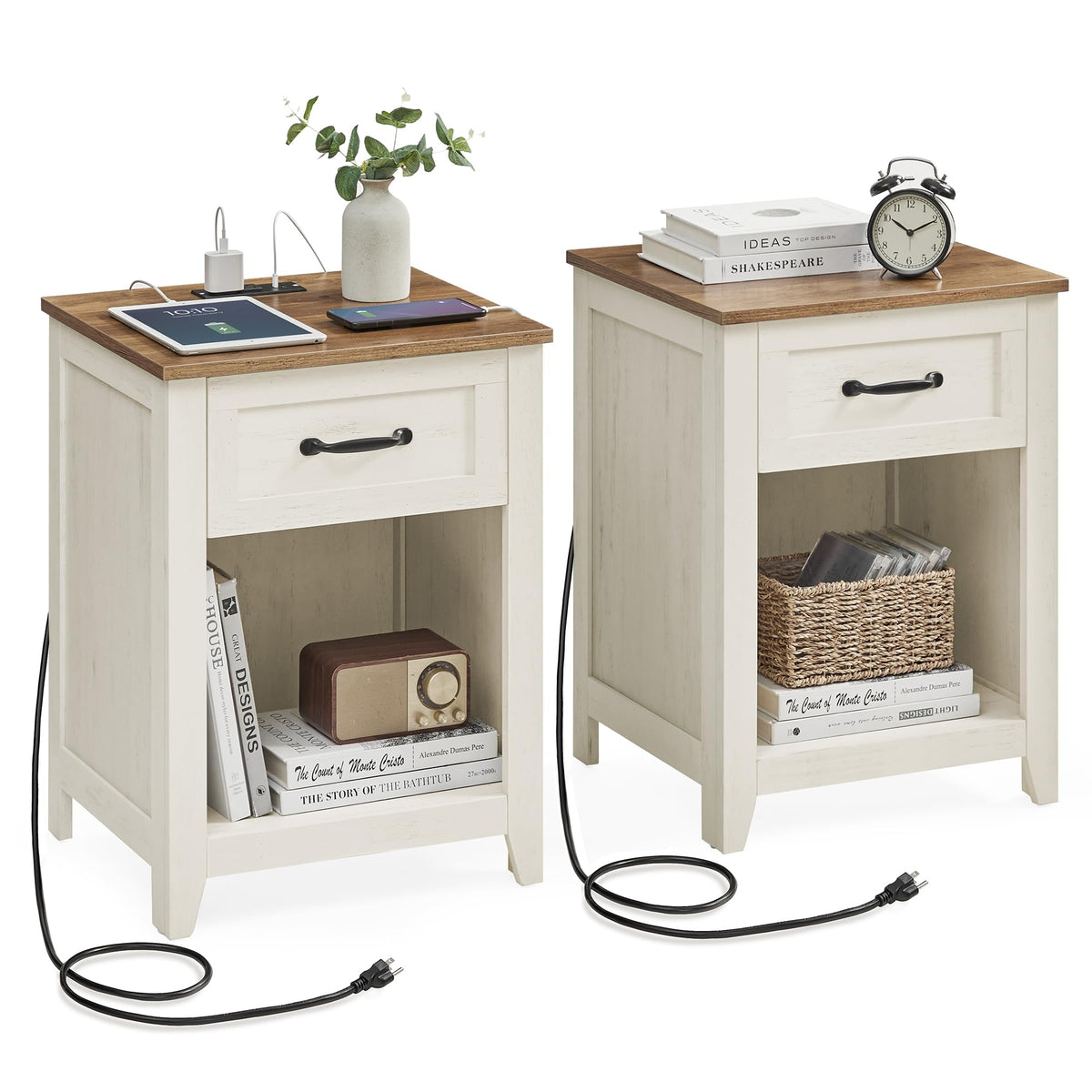 VASAGLE Farmhouse Nightstands with Charging Station, 1 Drawer, Set of 2