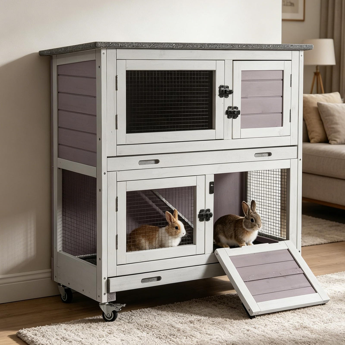 GUTINNEEN Rabbit Hutch Mobile Bunny Cage with Large Wheels, Chewproof Ramp, Leak Proof Trays – Ideal Cage for Rabbits, Guinea Pigs, Indoor/Outdoor Use, 44" L x 20" W x 41.5" H