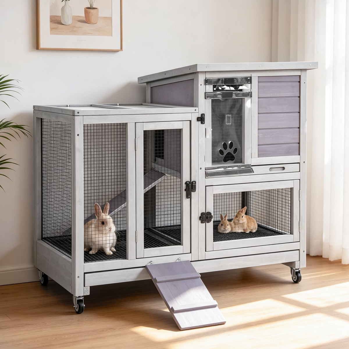 Bunny Cage Indoor and Outdoor Rabbit Hutch with Casters Waterproof Roof, Pull Out Tray from Back and Front 61.2" L x 22.6" W x 33.5" H
