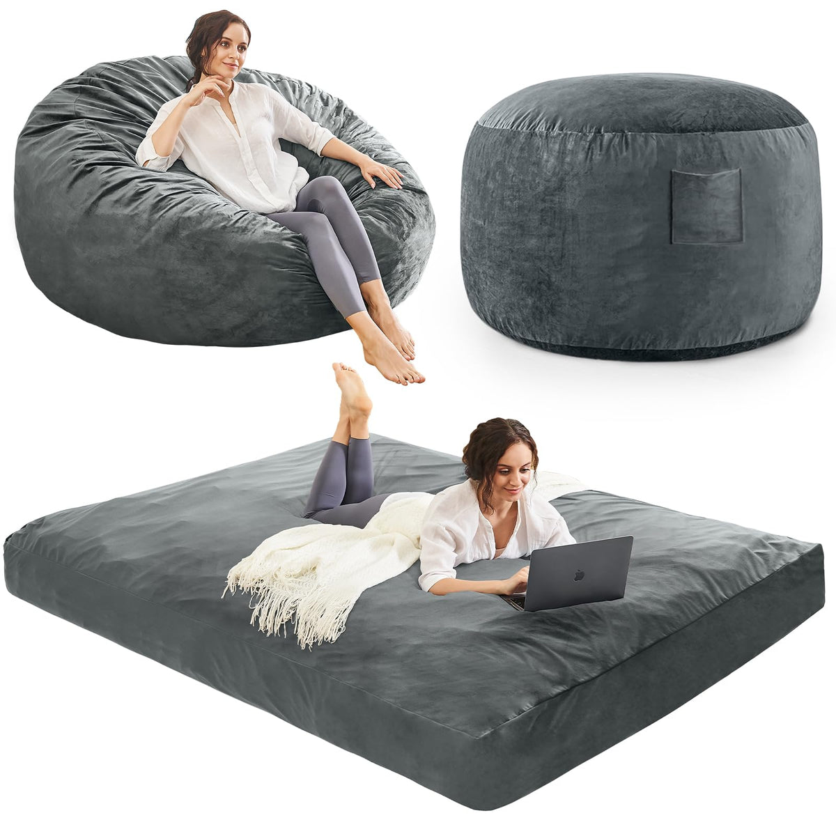 Bean Bag Chairs for Adults - Giant Bean Bag Convertible Floor Sofa