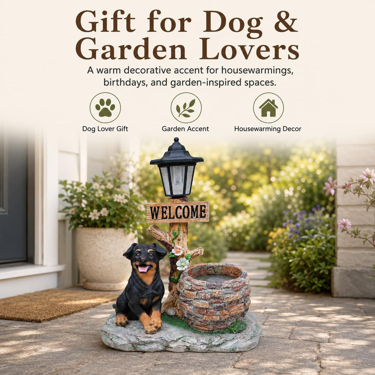 Solar Rottweiler Dog Statue with Welcome Sign & Lantern, 2 Dogs Garden Figurine Planter Pot, Realistic Outdoor LED Light for Porch, Yard Art & Lawn Decor, Unique Gift for Dog Lovers