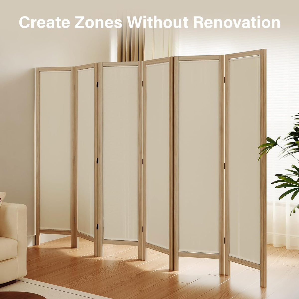 Linen Room Divider Privacy Screen, Foldable Wood Frame Partition Room Dividers with Removable Linen Fabric Curtain, Room Divider Panel, Zero Assembly for Home, Office, or Studio Natural 6 Panel