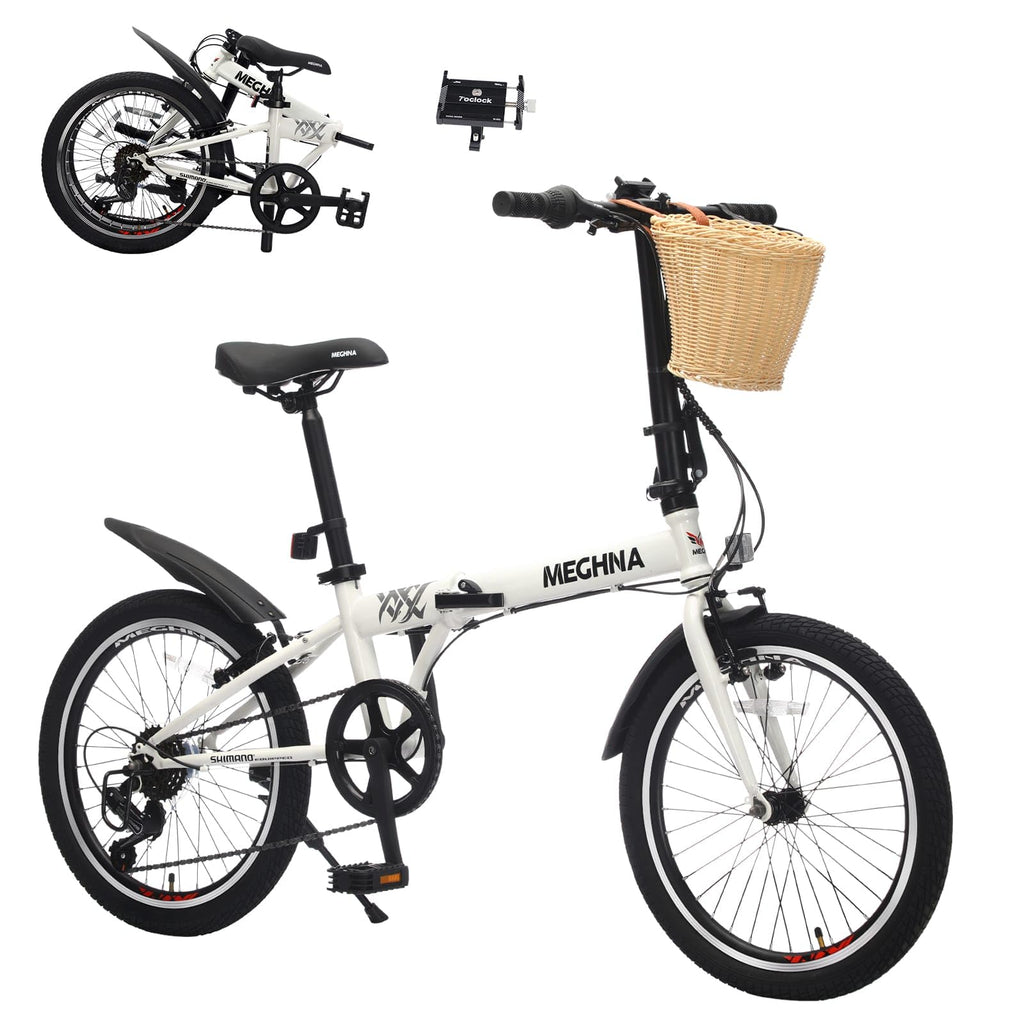 20 Inch Folding Bike for Adults with Basket & Phone Holder, 6-Speed City Commuter, Steel Frame Portable Compact Bicycle with Dual V-Brakes, Fenders, Foldable for Men Women