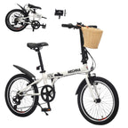 20 Inch Folding Bike for Adults with Basket & Phone Holder, 6-Speed City Commuter, Steel Frame Portable Compact Bicycle with Dual V-Brakes, Fenders, Foldable for Men Women