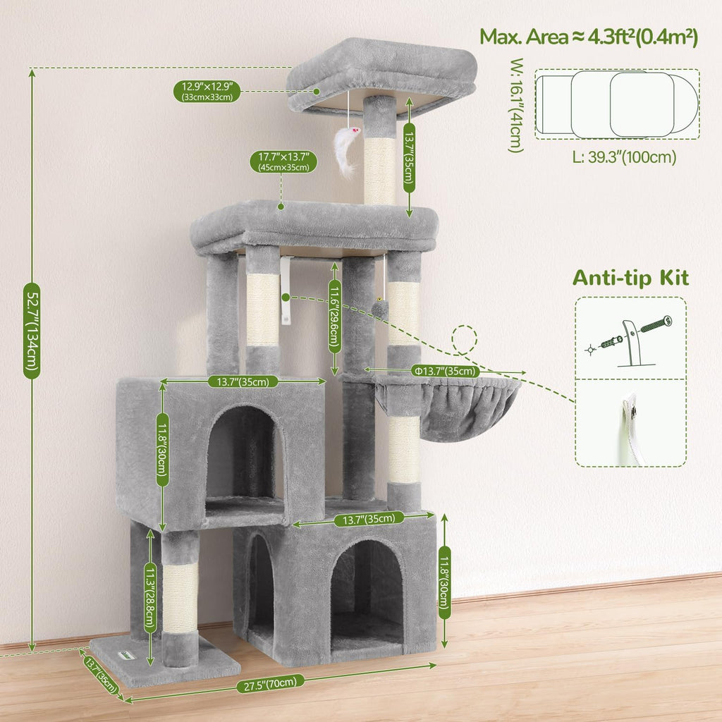 Globlazer 52in Cat Tree Tower for Indoor Cats, 2 Condos, S52, Light Grey