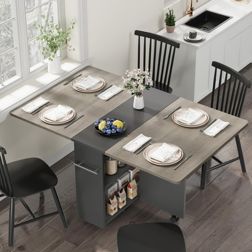 IDEALHOUSE FoldingTable, Drop Leaf Dining Table with 6 Wheels and 2-Layer Storage Shelf, Space Saving Table for Small Spaces (Slate Oak, 47.2" D x 23.6" W x 29.5" H)