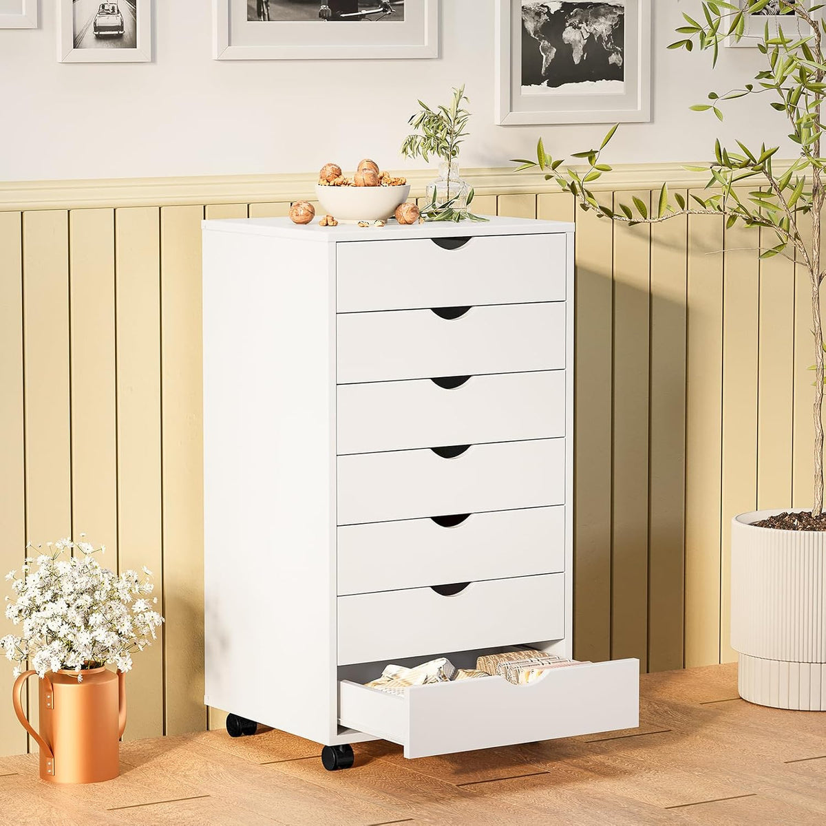 Sweetcrispy 7 Drawer Rolling Storage Cabinet, Wood Under Desk Mobile Dresser with Wheels, Small Organizer Chest for Home Office, Bedroom, Living Room, Compact Vertical Storage Furniture Unit, White