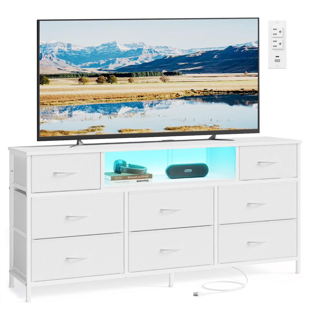 SONGMICS Dresser for Bedroom with Outlets & LED Lights, 8 Fabric Drawers