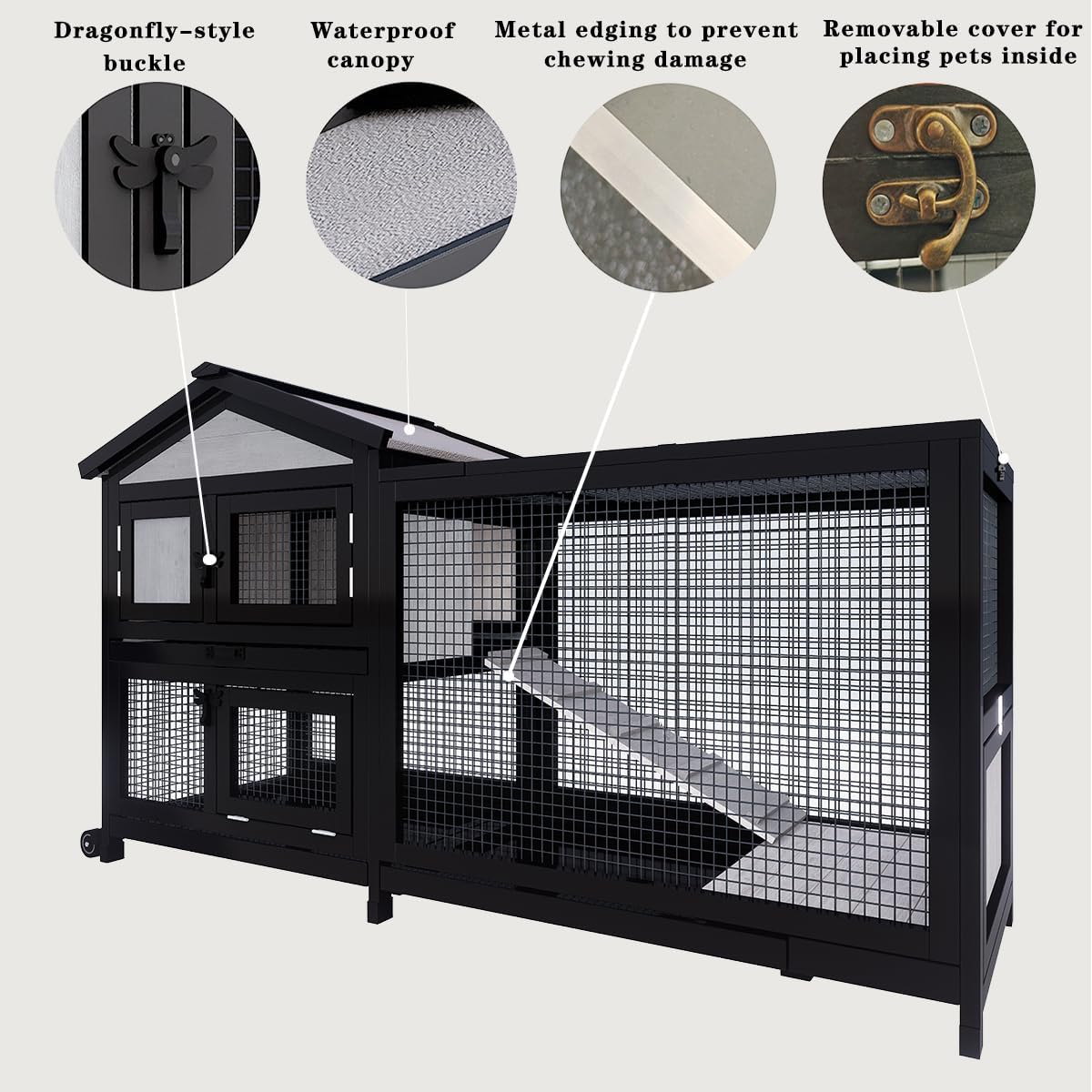 Rabbit Hutch 58" Rabbit Cage Outdoor&Indoor 2-Story Chicken Coop Guinea Pig Cage on Wheels Bunny Cage with 3 Deep No Leakage Pull Out Tray,Waterproof Roof (Black)
