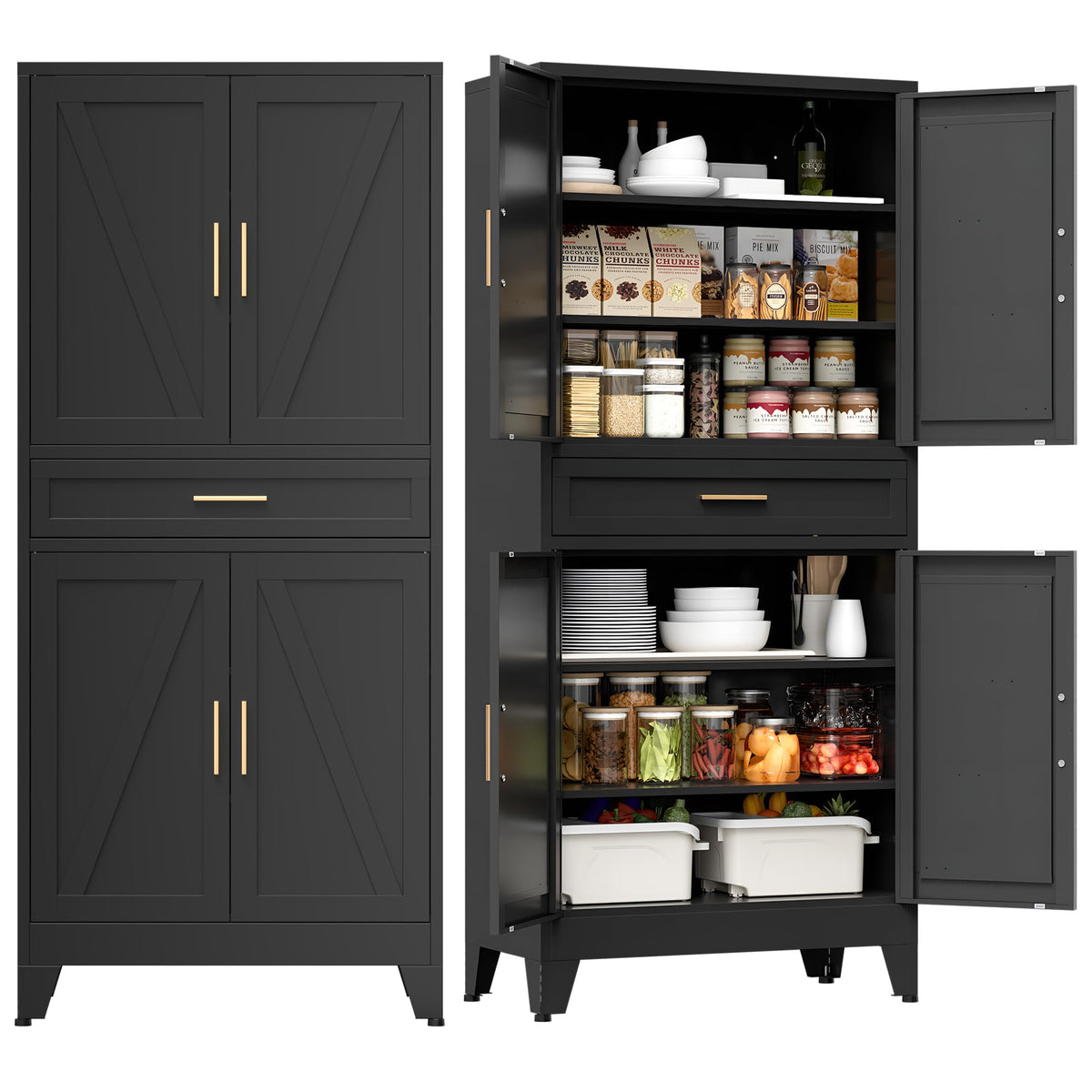 COFaR Black Farmhouse Storage Kitchen Pantry Cabinet with 2 Barn Door, 3 Adjustable Shelves and Legs, for Cupboard/Dining Room/Bathroom/Living Room/Office/Laundry Room (Black, 61" Farmhouse)