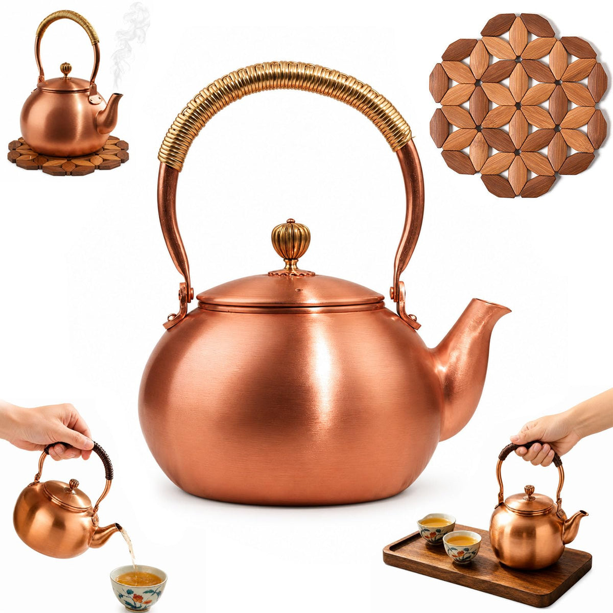 Handmade Copper Stovetop Teapot Kettle, Solid Copper Tea Kettle with Vintage Hammer Design, Thickened Household Boiling Teapot for Induction, Electric, Easy to Clean (B*1500ML)