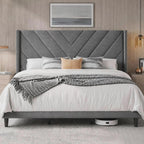 Yaheetech Queen Bed Frame with Chevron Channel-Tufted Headboard, Beige