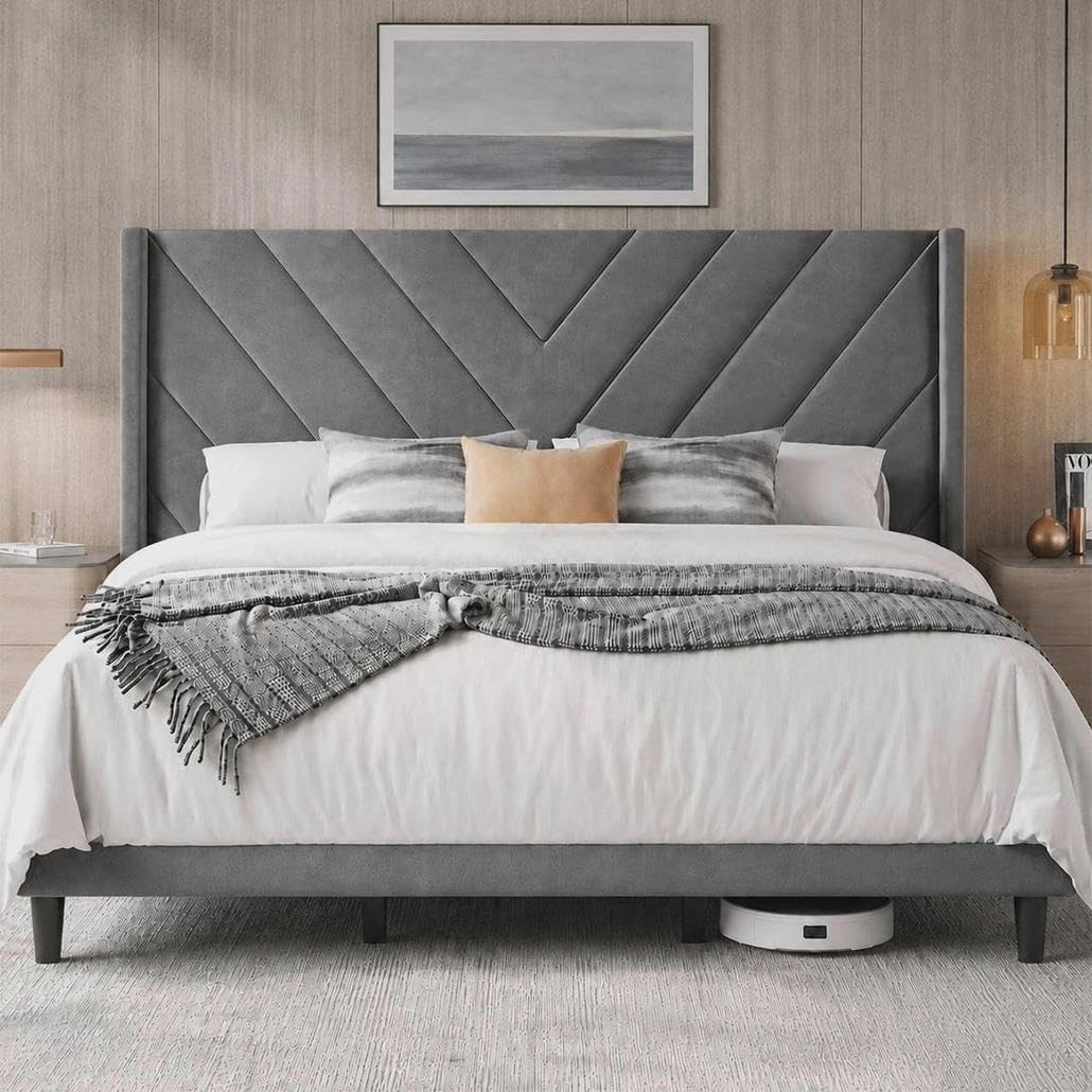Yaheetech Queen Bed Frame with Chevron Channel-Tufted Headboard, Beige