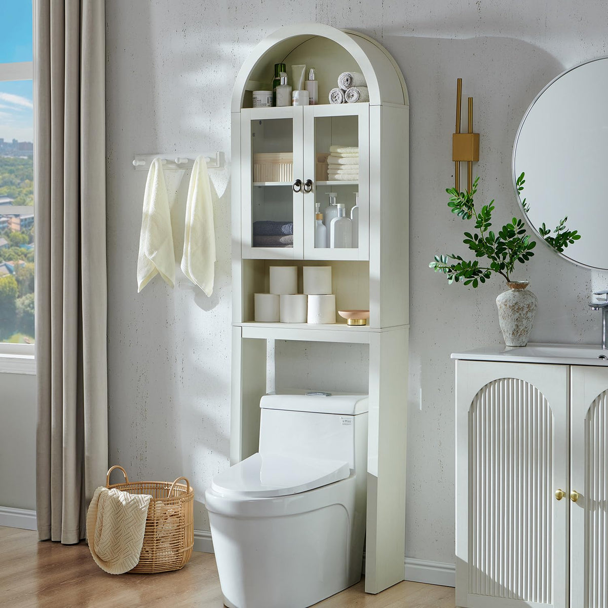 IFGET Arched Over The Toilet Storage Cabinet with Acrylic Doors,Natural Oak