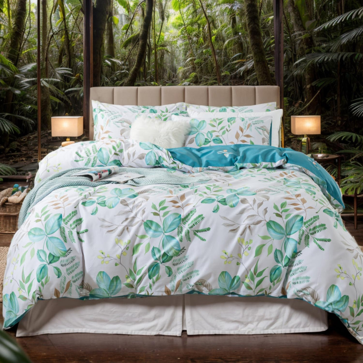FADFAY Floral Duvet Cover Set 100% Cotton Green Striped and Beige Bedding White Flower Branches Print 600 TC Soft Reversible Zipper Bed Cover & 2 Pillowcases,King/Cal King(106x92)