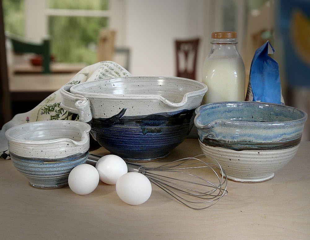 Stoneware Pottery Batter Bowls, 3-Piece Nesting Set, French Blue Glaze