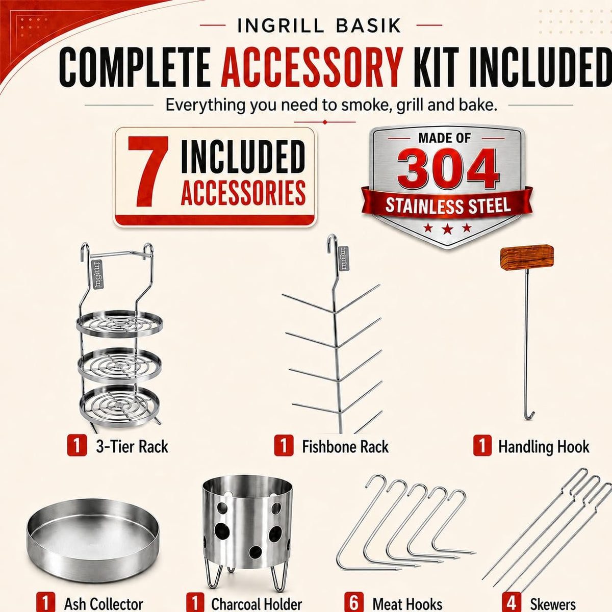 INGRILL Basik Mini 3-in-1 Charcoal Smoker Grill Combo, 6 lb Stainless Steel BBQ Barrel with 6 Hooks, Handling Hook, Ash Tray, Charcoal Basket, Grill Grate, Burger Rack, 4 Skewers & Fishbone Rack