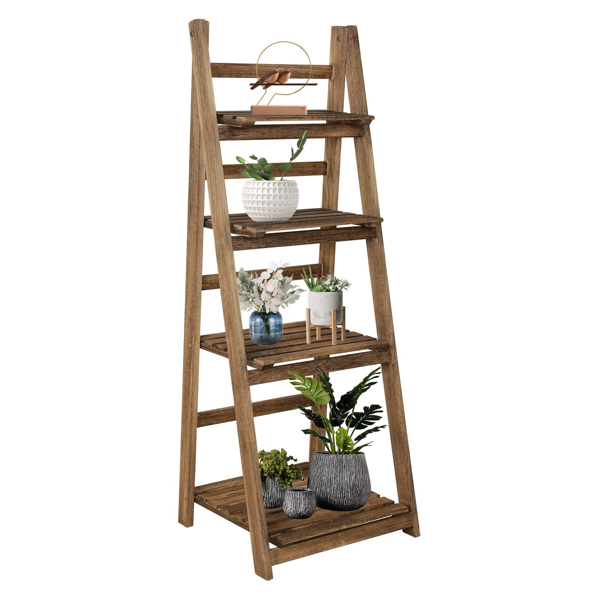 ACEHOME 4 Tier Ladder Bookshelf, 45.7 Inch Home Office Bookcase, Industrial Ladder Shelf, Freestanding Storage Organizer Rack, Solid Wood Shelf with for Bedroom, Living Room, Home Office-White