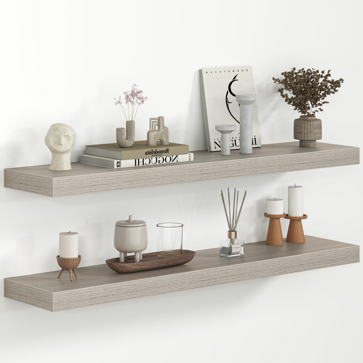 Fun Memories Floating Shelves - 2 Pack 12 Inch Rustic Wooden Wall Shelves - Extra Deeper & Thicker Wall Mounted Storage Shelf for Living Room, Kitchen, Farmhouse - 36" W x 12" D x 1.8" H - Brown