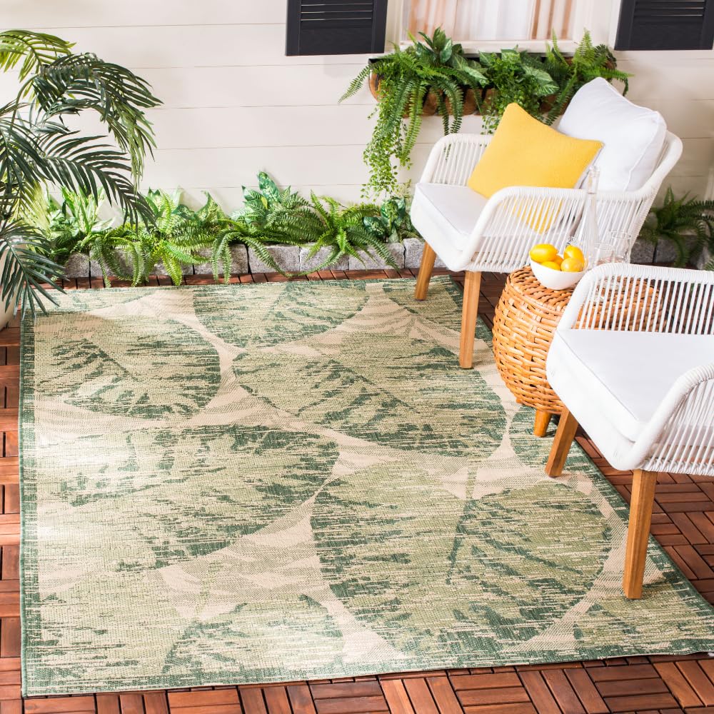 SAFAVIEH Washable Rug Outdoor Courtyard Collection - 6'7" Round, Green & Beige, Non-Shedding & Easy Cleaning, Ideal for Patio, Backyard, Mudroom (CY7556-21812)