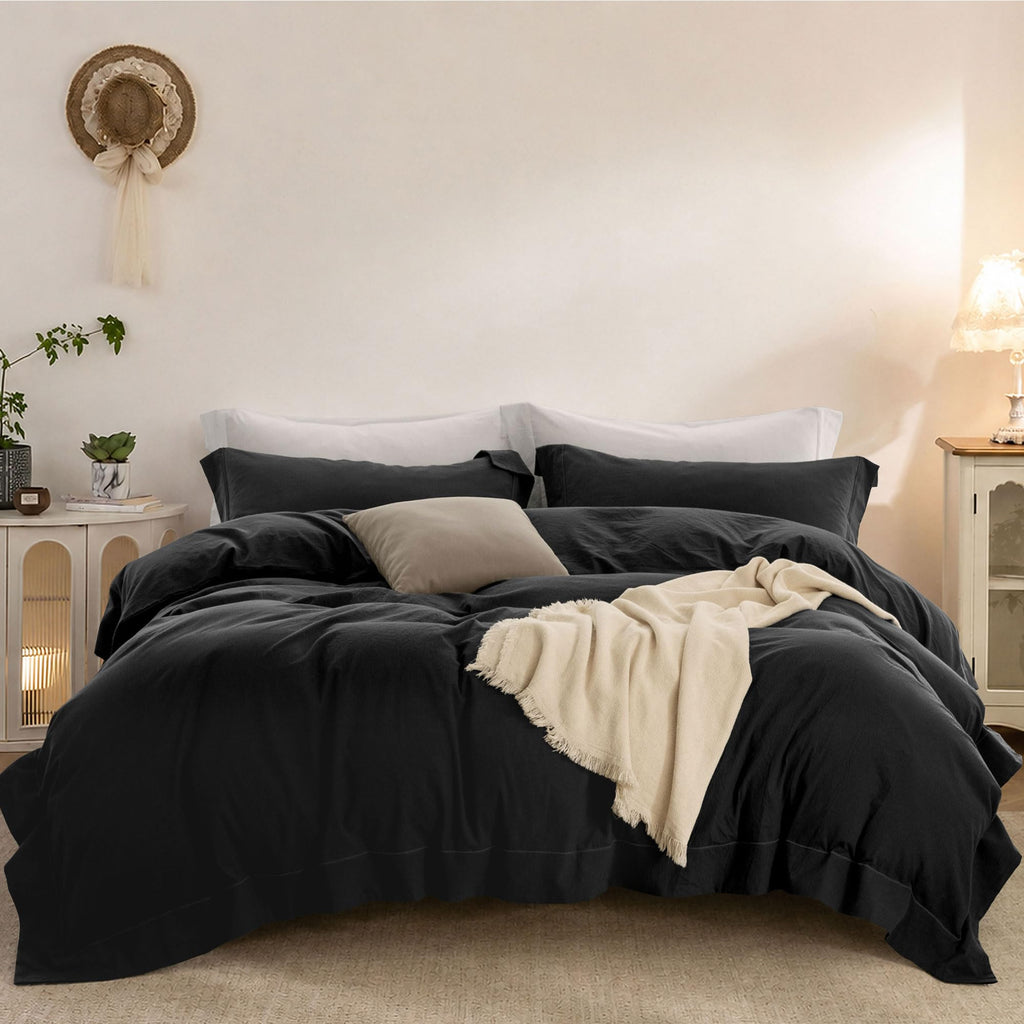 Duvet Cover Set Washed Cotton Embroidered Hem King 3‑Pcs