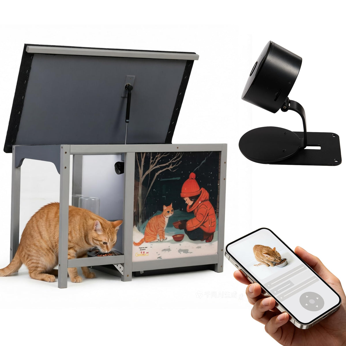 COZIWOW Weatherproof Outdoor Cat Feeding Station with Step-On Lid - 11L Capacity, All-Weather Asphalt Roof & Built-in Water Bottle for Stray Cats (Grey)
