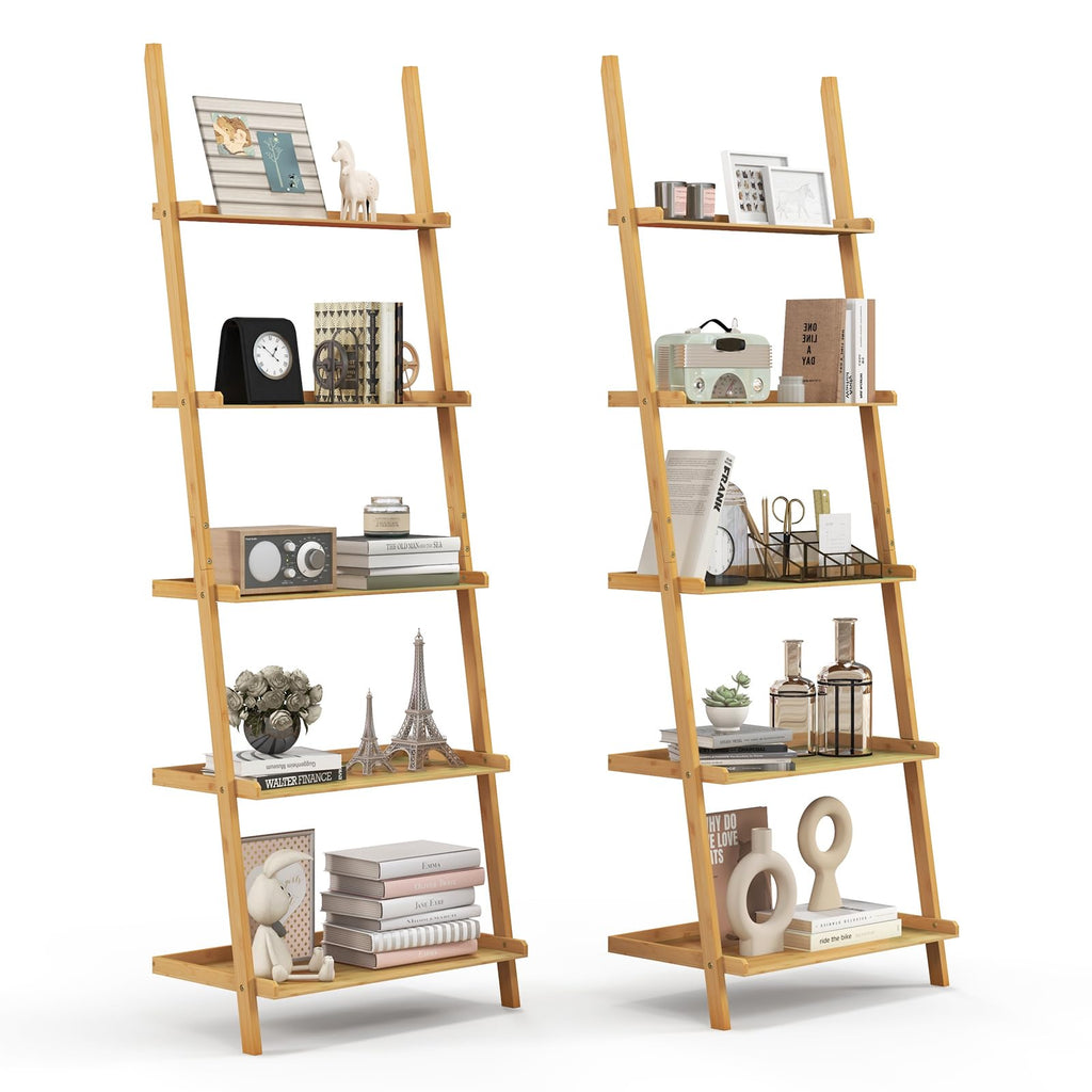 Tangkula 5-Tier Ladder Shelf Bookcase, Bamboo, 72”H, Walnut, 2 Pack