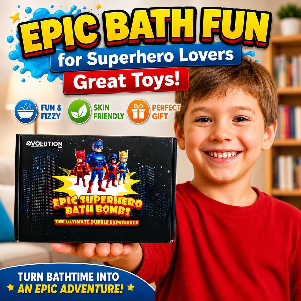 EvolutionUSA Black Epic Superhero Bath Bombs for Kids, 6 Super Hero Bath Bombs with Toy Inside Bathbombs, Organic Bathbomb with Surprise Inside, Bath Balls, Fizzy Superhero Bath Ball