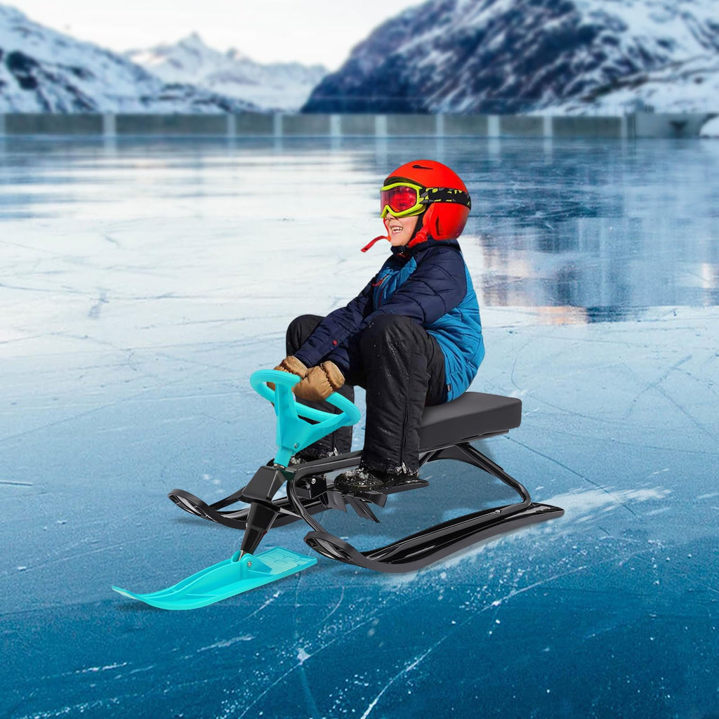 Snow Racer Sled with Steering Wheel,Portable Steerable Snow Sled with Brake