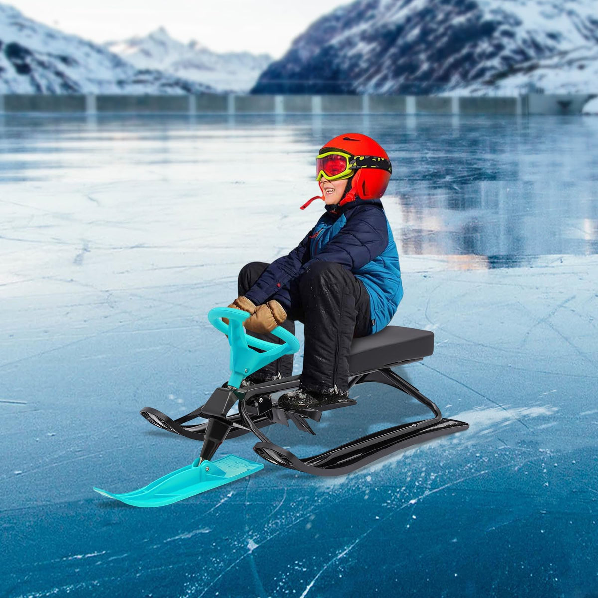 Snow Racer Sled with Steering Wheel,Portable Steerable Snow Sled with Brake