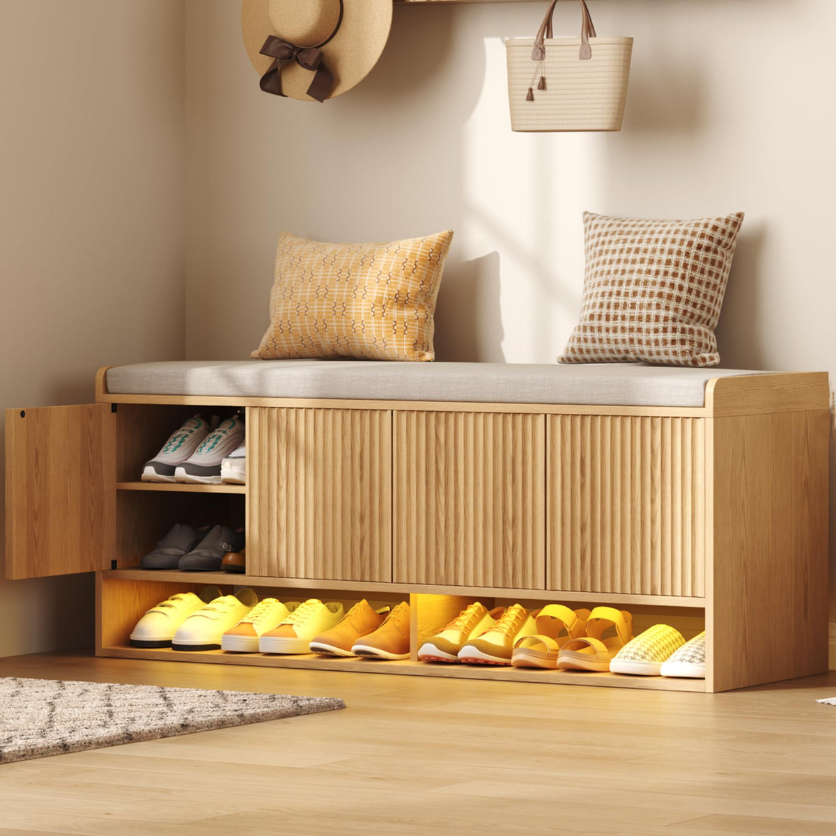 HOMEFORT 39.4" Fluted Shoe Storage Bench, Entryway Bench with Linen Seat Cushion, Shoe Cabinet Bench with Adjustable Shelf and Built-in LED Sensor Light, Bench for Bedroom End of Bed,Walnut
