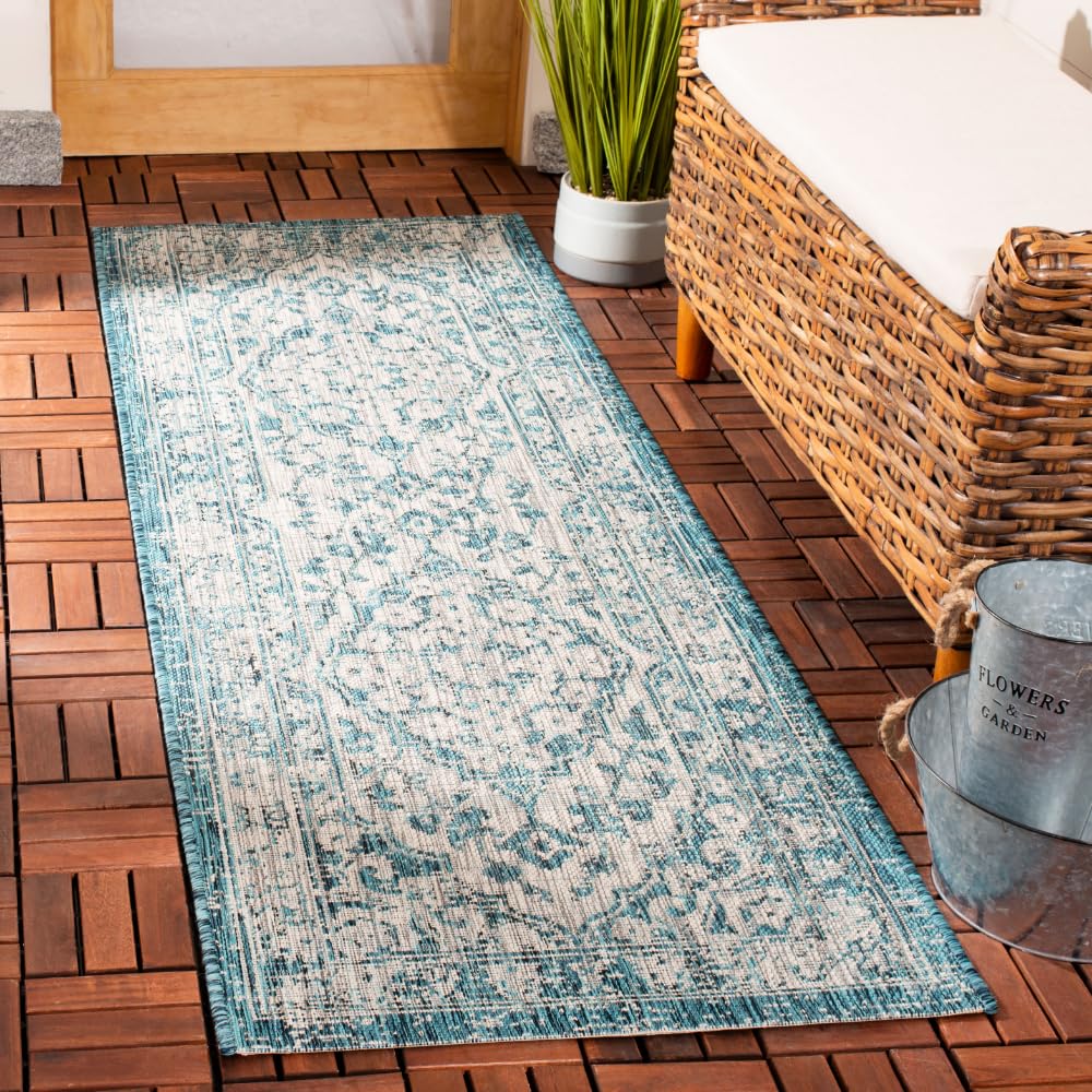 SAFAVIEH Washable Rug Outdoor Courtyard Collection - 6'7" x 9'6", Grey & Blue, Non-Shedding & Easy Cleaning, Ideal for Patio, Backyard, Mudroom (CY8231-37212)