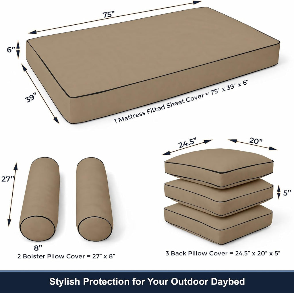 Cottington Lane 6 Piece Outdoor Daybed Cushion Cover Set, Twin Size Fitted 39" x 75" with 6" Deep Fit, Waterproof Indoor Daybed/Porch Swing Bed Mattress & Pillow Bolster Cushion Cover, Taupe