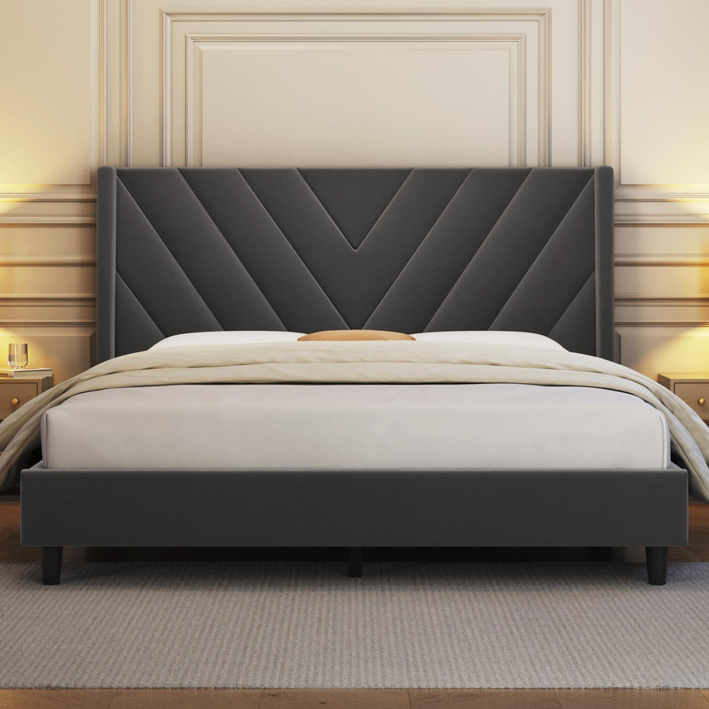 Yaheetech Queen Bed Frame with Chevron Channel-Tufted Headboard, Beige