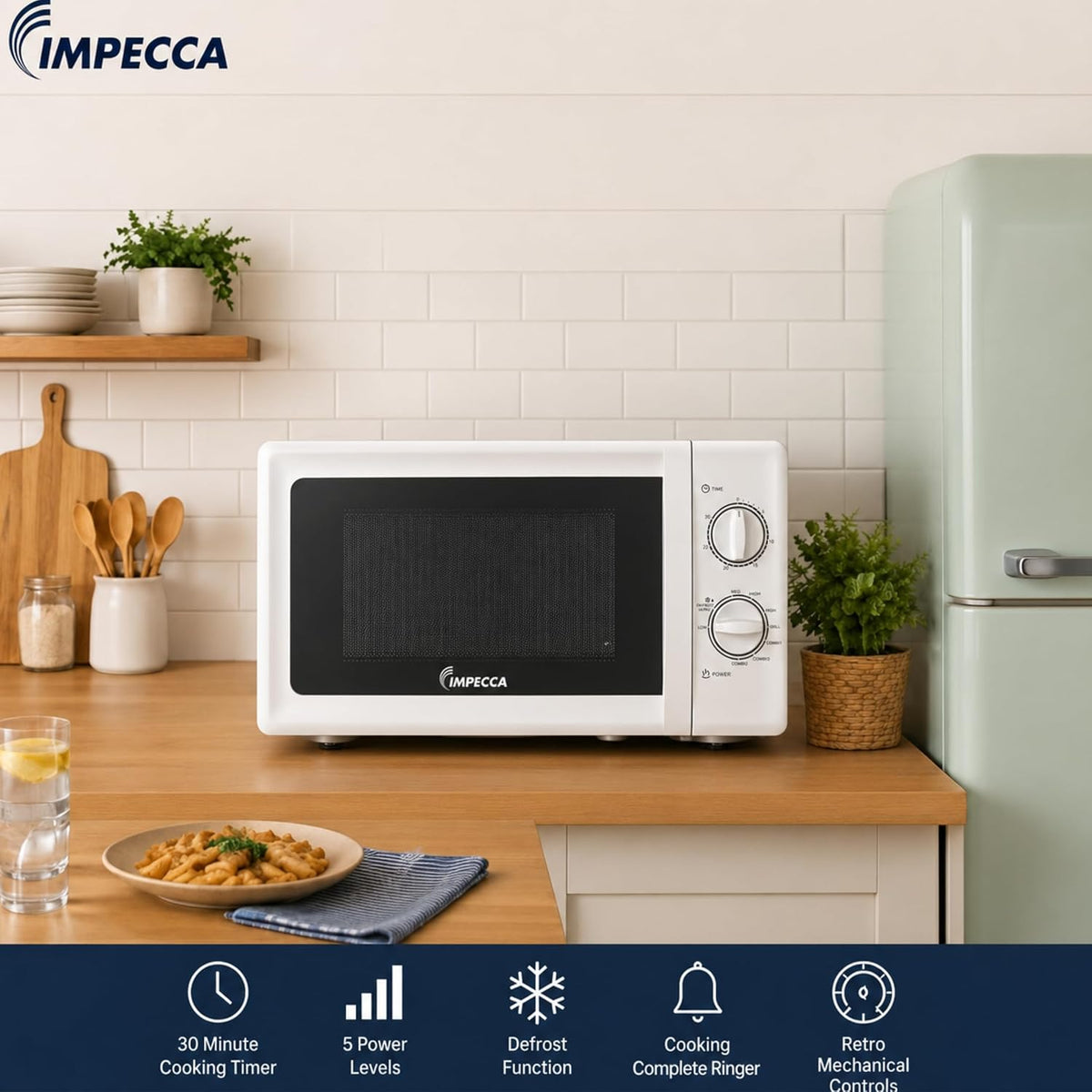 IMPECCA Countertop Microwave Oven Retro Mechanical Dials 5 Modes Timer Defrost 0.7 Cu 700W 9.65” Turntable Easy Clean