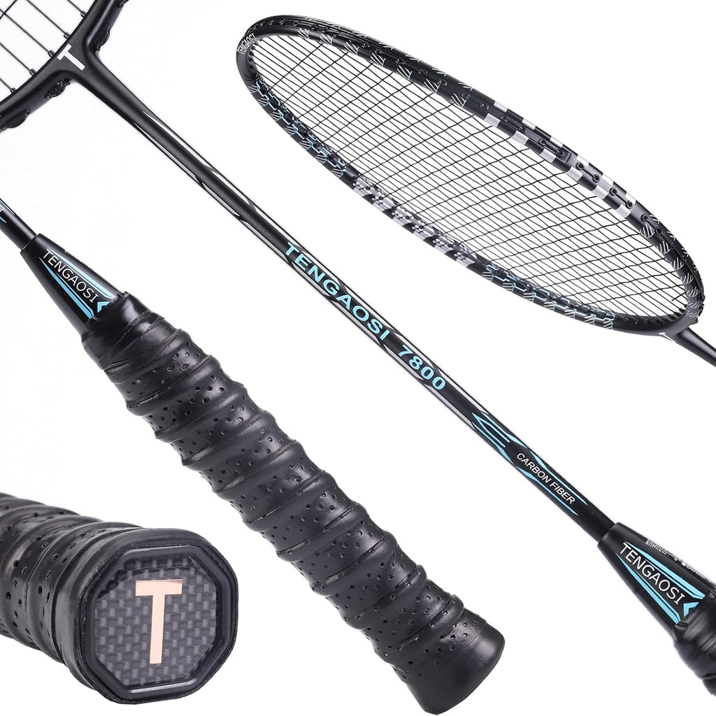 Professional Badminton Rackets Set of 4 Sports Outdoor Backyard or Indoor Badminton Game Set with Shuttlecocks- Includes 4 Black Rackets, 12 Duck Feather Badminton Shuttlecocks