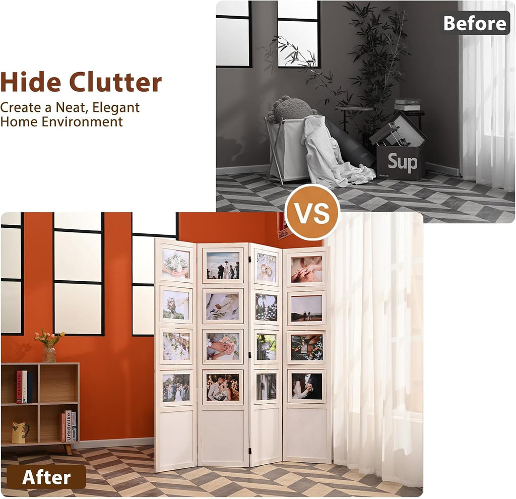 4 Panel Photo Room Divider, Folding Privacy Screen Decorative, White