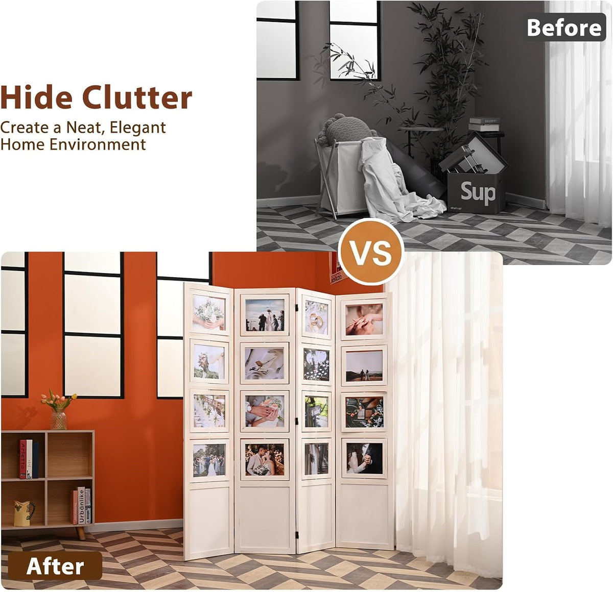 4 Panel Photo Room Divider, Folding Privacy Screen Decorative, White