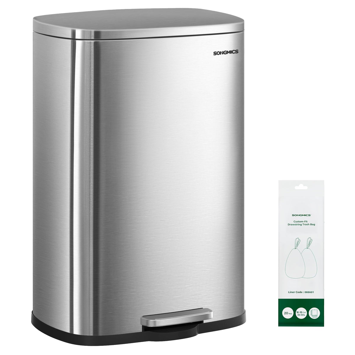 SONGMICS 20 Gallon (75 L) Trash Can, Stainless Steel, Step-On Pedal
