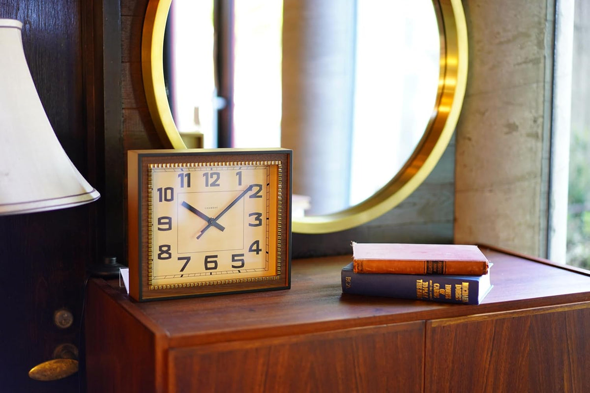 Brass Clock Japanese Handcrafted Solid Wood Clock Silent Non-Ticking Battery Operated Modern Decorative for Living Room Bedroom Office Brass Rectangle Clock CH-053 (Walnut)