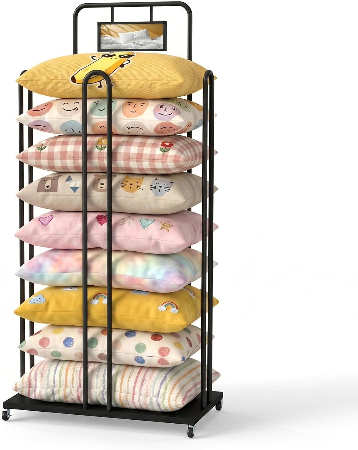 Rolling Pillow Storage Rack, Cushion and Pillow Holder with Sign Holder